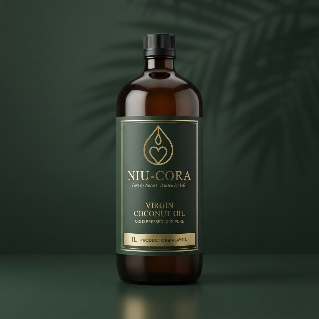 NIU-CORA premium amber bottle of cold pressed virgin coconut oil
